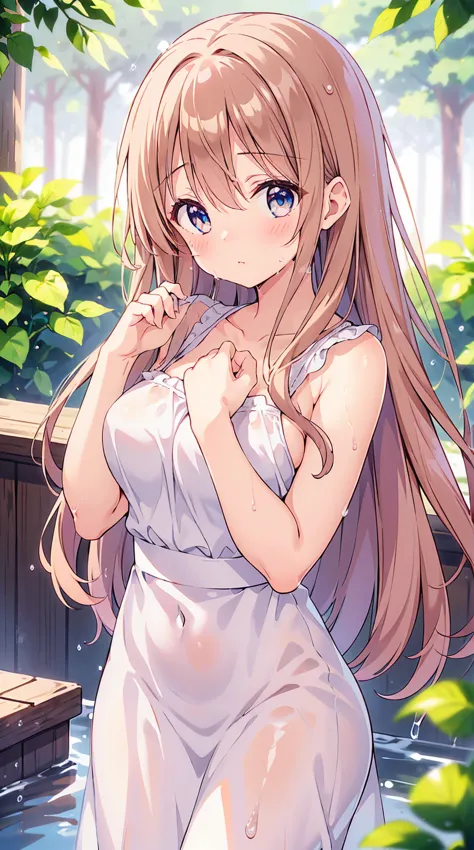 A beautiful anime-style girl with long, flowing brown hair, gently applying facial lotion to her face with her hands. Her hands and face appear slightly wet with a subtle shimmer, as if covered in a thin layer of liquid. She has a calm and relaxed expressi...