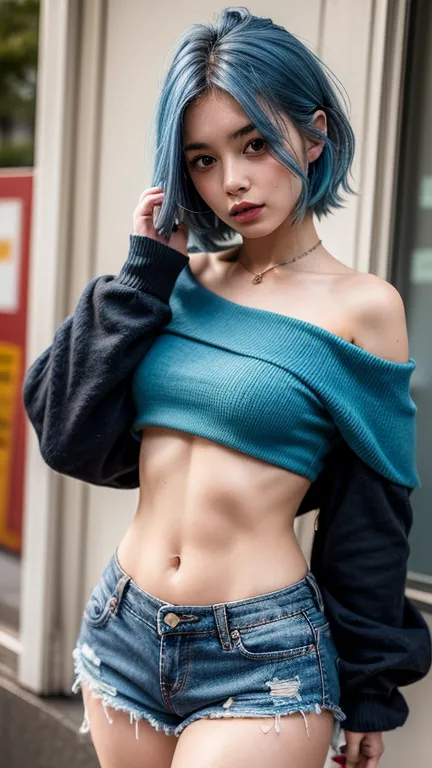 blue haired alternative girl in off shoulder crop top and shorts 