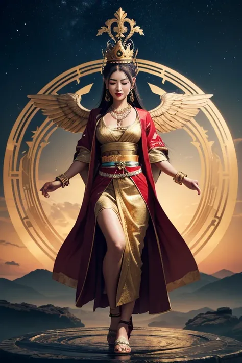 (detailed skin:1.2),(shiny skin:1.1),8k,(best quality),(photorealistic:1.4),1samurai mature 50year-old, makeup,(lipstick:1.1),(eyeliner:1.2),brunette long straight hair style, eyes closed, prays,((bodhisattva of mercy and salvation)), Gold Clothing, Gold b...