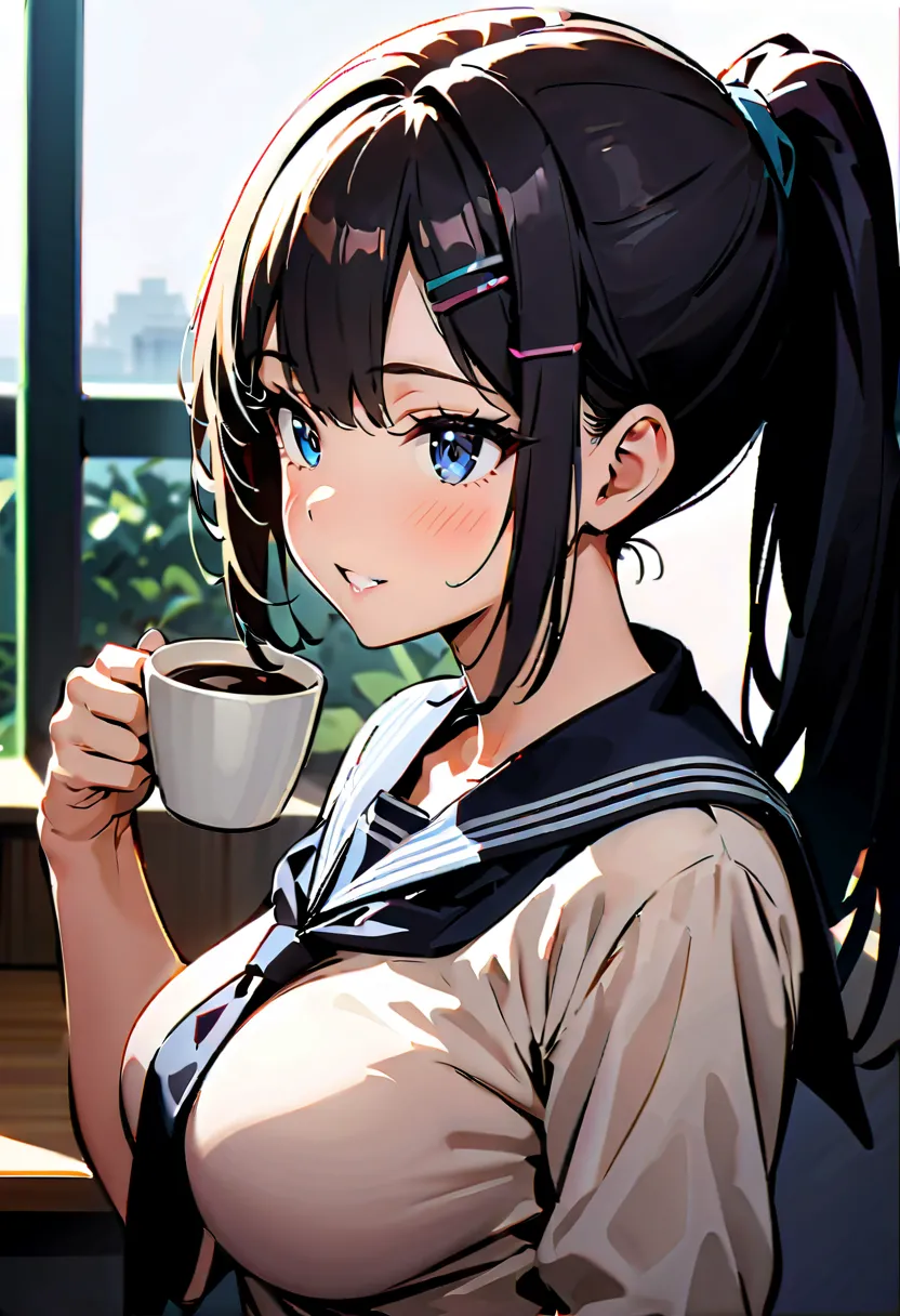 Commemorative photo of a girl , 1 girl,   black hair, chiponytail， hair clip in nude,   girl,  uniform ,  sailor suit, Cafe:1.2, , Coffee cup in hand:1.4, Red Face, mouths slightly open,  light and shadow with great attention to detail,  blurred background...