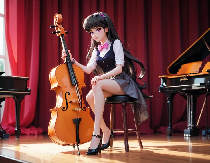 equestria girls, octavia, human, on stage, solo, sitting on a stool, playing a cello, wearing a pink bowtie, artistic nudity, holding bow, cello between legs, red curtains behind her