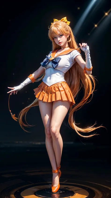 Product quality, young and beautiful Japanese woman, positive for home,smile,(well-proportion:1.3),(Cowboy shot:1.3),( thighs emphasized),(Taimo emphasis :1.4),(perfect anatomy),( Orange Sailor Warrior Costume),(universe,Shining Star々,Venus:1.5),Standing o...