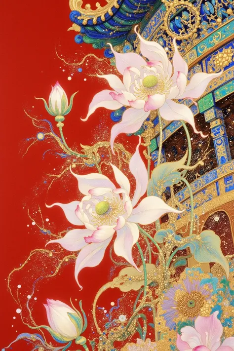 There is a painting of a building with a tower and flowers, An extremely detailed painting inspired by Yun Shouping,  is popular in the CG society , Cloisonnism, intricate detailed painting , Oriental Fantasy,  Oriental Wallpaper ,  Oriental Art Nouveau , ...