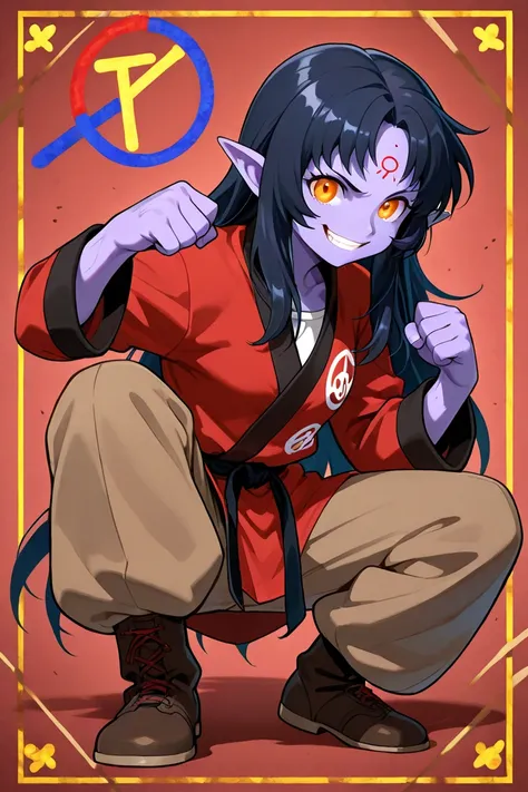 female, pointy ears, purple skin, martial arts gi, red top, brown baggy pants, circus symbol, dark brown boots, long dark blue shaggy hair, big forehead, orange eyes, solo, hot blooded smile