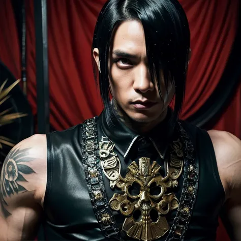 1 man, Japanese streampunk goth man, male, Asian eyes, muscular, broad shoulders, tattoos, hairstyle Visual Kei style, hair Visual Kei, black men's shirt and black pants, ultra detailed face and eyes, hyperrealistic, realistic representation, shoulder-leng...