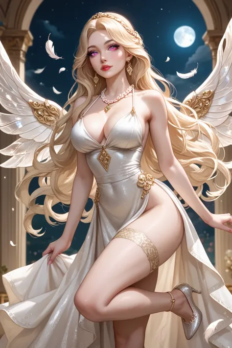 Young archangel woman, 25 years old, white skin, light pink eyes, very long straight blonde hair, delicate features, upturned nose, cherry red lips, slim body, round breasts, very small waist, medium hips. She wears an elegant turquoise dress with glitter ...