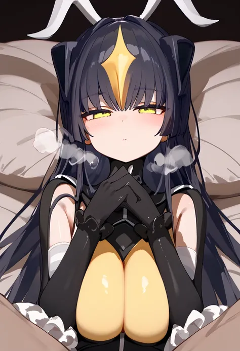 long hair,black hair,antennae,diadem,yellow eyes,black dress,black gloves。Hot breath。Big yellow tits。grab my boob。 expressionless。 massage my chest。Body temperature 1 trillion degrees。Man&#39;s hand。Sleeping on your back。 hotel bed。blush。