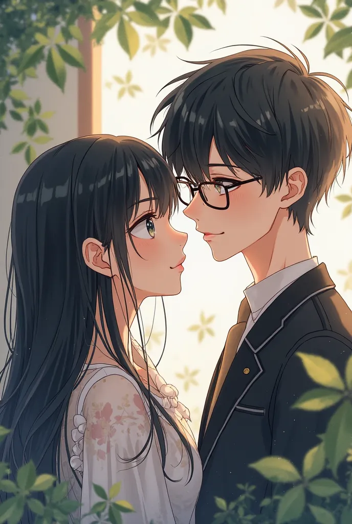 Anime picture of a girl with black hair and a man with dark hair with glasses 