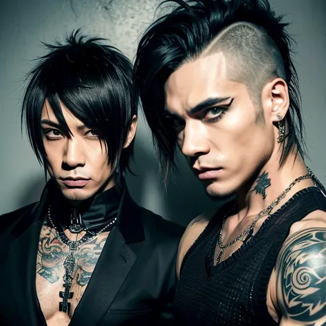 1 man, Japanese streampunk goth man, male, Asian eyes, muscular, broad shoulders, tattoos, hairstyle Visual Kei style, hair Visual Kei, black men's shirt and black pants, ultra detailed face and eyes, hyperrealistic, realistic representation, shoulder-leng...