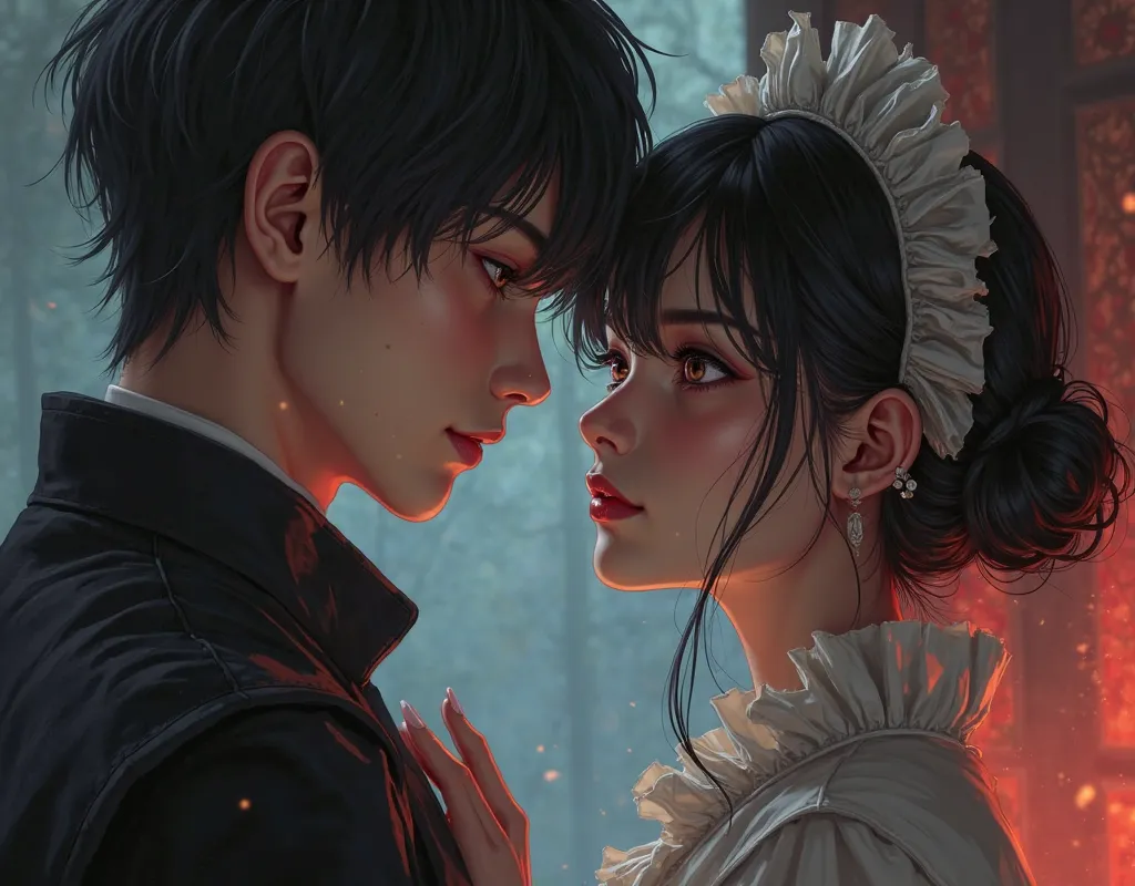 Even after her evil nature is revealed, the foolish young master is unable to drive her away because of her youth and beauty, and even tries to keep her. The evil maid with a mean face and smirks with her stinky eyes glances at the young master.