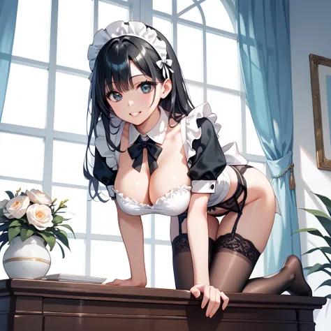 Black Hair, maid clothes,Dormitory, hands on the table, leaning forward, anime style, (( garter belt,wearing black stockings 1.2,    without shoes  )), big breasts, Beauty，  beautiful face， big eyes，  beautiful eyes ，  beautiful double eyes ，  Beautiful ar...