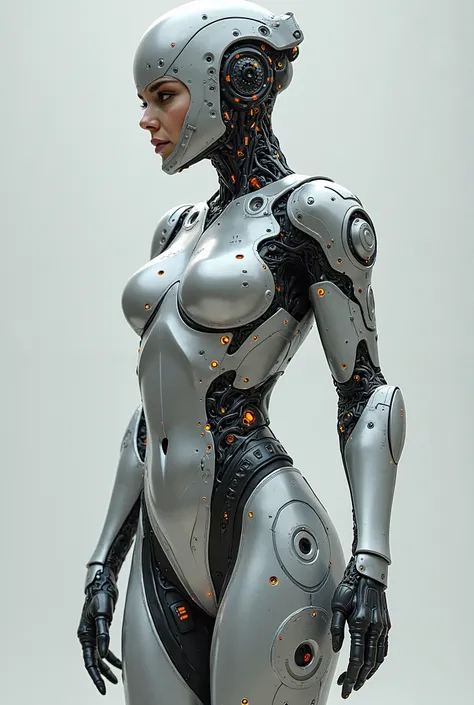 A female cyborg with a metallic body, wearing a form-fitting suit with intricate wiring and mechanical details. She has a sleek, futuristic appearance with glowing elements and a dynamic pose, suggesting a powerful and technologically advanced character