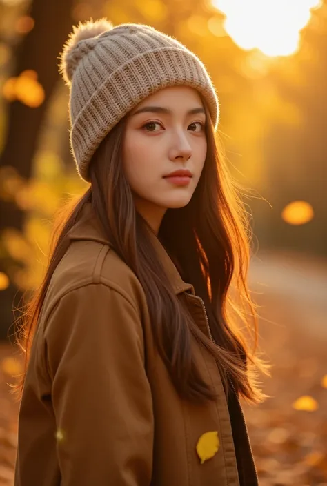 lady, smile, boots, beanie, perfect anatomy, standing, autumn leaves, park, sunset, 8k ultra-detailed, masterpiece 