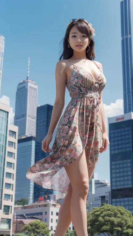 One beautiful japanese women, ((giantess:1.2)), summer dresses, floral patterns, city background, skyscrapers, sunny day, high heels, ((detailed faces:1.3)), realistic, photorealistic, 8k resolution