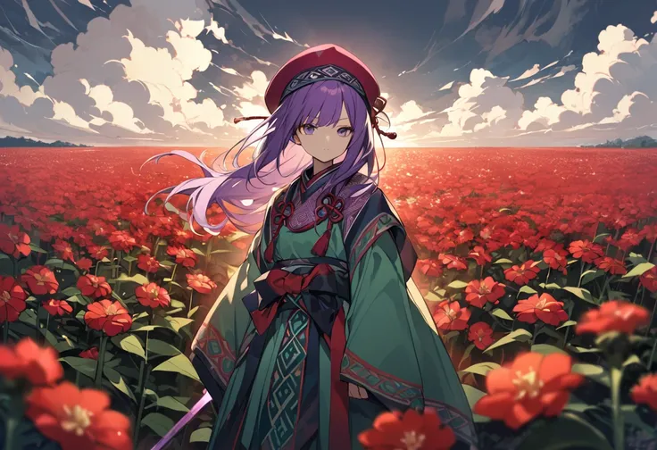 Crimson Higan Flower Field、The Woman Who Holds the Red Sword、 long purple hair、Green Ainu Costume、Purple Beret、 expressionless、 cloudy sky