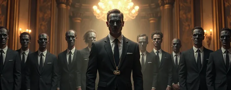 10 men in a row in a luxurious mansion, a man standing out under a spotlight, wearing a suit, a creepy mask and a gold cord with a very legible DOM pendant. 