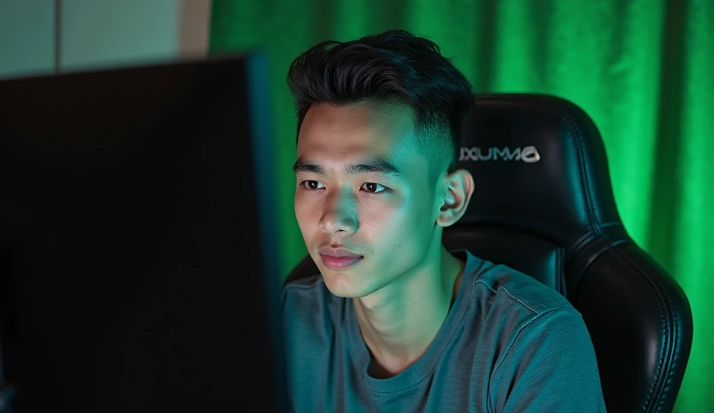 A 21-year-old young man is sitting in a gaming chair. The boy is looking in front . He has clean-shaven, black hair. Behind him is a vibrant green fabric that adds an attractive touch to the background. In front of him is a large monitor  The young man is ...