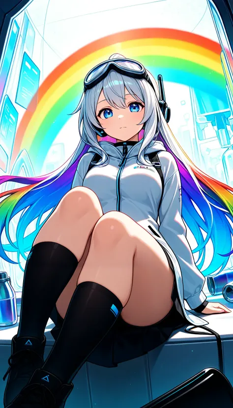 (masterpiece, best quality:1.2), a girl, Alone, Dolshy, holographic background , transparent and colorful rainbow, maximum number of colors that can be output