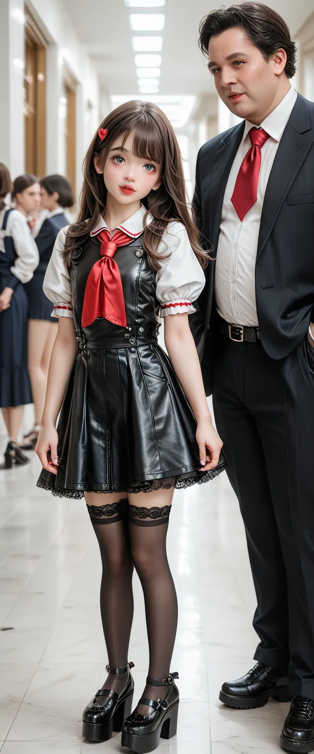 ((Highest quality)), 1 little princess, ((young :1.5)), fitted figure , cute beautiful age schoolgirl, beautiful cute  face with big lips ,(( blouse short puffy sleeves)) , ((High Waisted short black leather fluffy skater pinafore dress)), ((red pioneer ne...