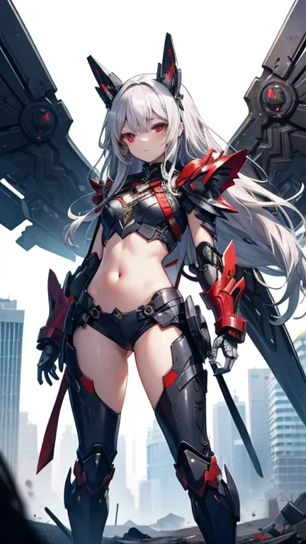  beautiful girl,high resolution,  long hair,  Silver Hair, long hair, red eyes,  anime,SF,Armor,Mechanical Wings, chest, Fake Animal Ears, sling,  speed line,  sexy, standing picture, Background Ruins