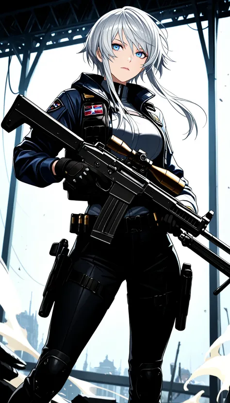 (masterpiece, Best Quality:1.2), 1 girl, Alone, \ characters "Atlas"\, combat motion with a gun, light manners to dodge bullets, stare at enemies and fight back, realistic bullets fired from powerful high-performance rifles, cinematic smoke stage, cool& be...