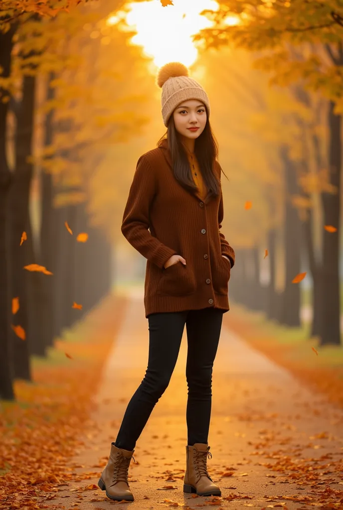 lady, smile, boots, beanie, perfect anatomy, standing, autumn leaves, park, sunset, 8k ultra-detailed, masterpiece 