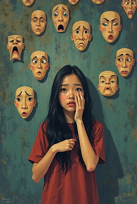  Book cover illustration When Eyes Deceive ,  The Hidden Hand , dan Tuhan Menguji
seorang berdiri di depan dinding yang dipenuhi berbagai topeng berwarna cokelat dengan ekspresi face yang berbeda-beda—marah, sad, surprised ,  and other . Dia memegang satu ...