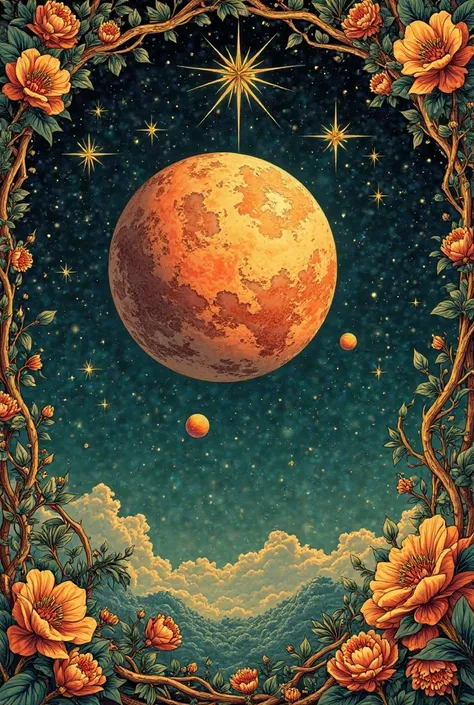 A highly detailed woodblock illustration that exudes a bright, serene and mystical ambience, where Planet Mars appears lush among the stars of the sky in the center of the image. The central figure, the planet Mars and the astrological symbol of the planet...