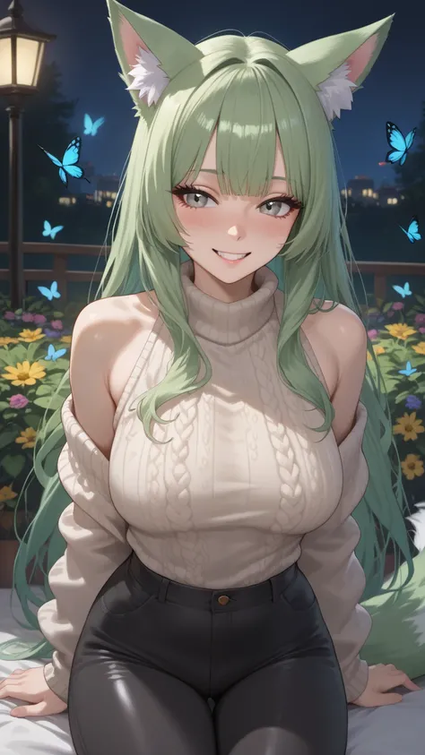  masterpiece ,  penetration,  Ultra-detailed,  extremely detailed, 4K, 8k, 1 woman, Alone, fly away, very sexy,  fox ears, blush,  smiling, gray eyes,  light green hair , straight bangs,  long hair pants, nine-tailed sweater , shoulders, photo the cowboy, ...