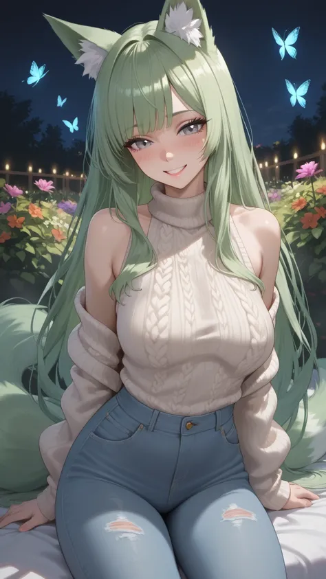  masterpiece ,  penetration,  Ultra-detailed,  extremely detailed, 4K, 8k, 1 woman, Alone, fly away, very sexy,  fox ears, blush,  smiling, gray eyes,  light green hair , straight bangs,  long hair pants, nine-tailed sweater , shoulders, photo the cowboy, ...