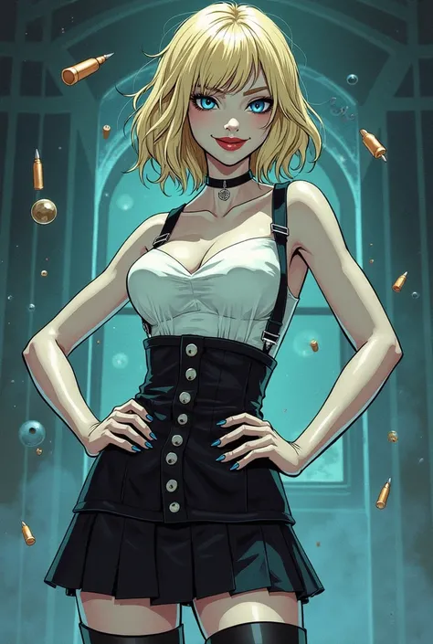 Very realistic comic with a solidified profile female ghost vampire short blonde hair blue eyes mini skirts stockings Big Beautiful Female arms on hips she smiles while receiving projectiles in the center of her chest, legs and face, bullets bouncing in al...