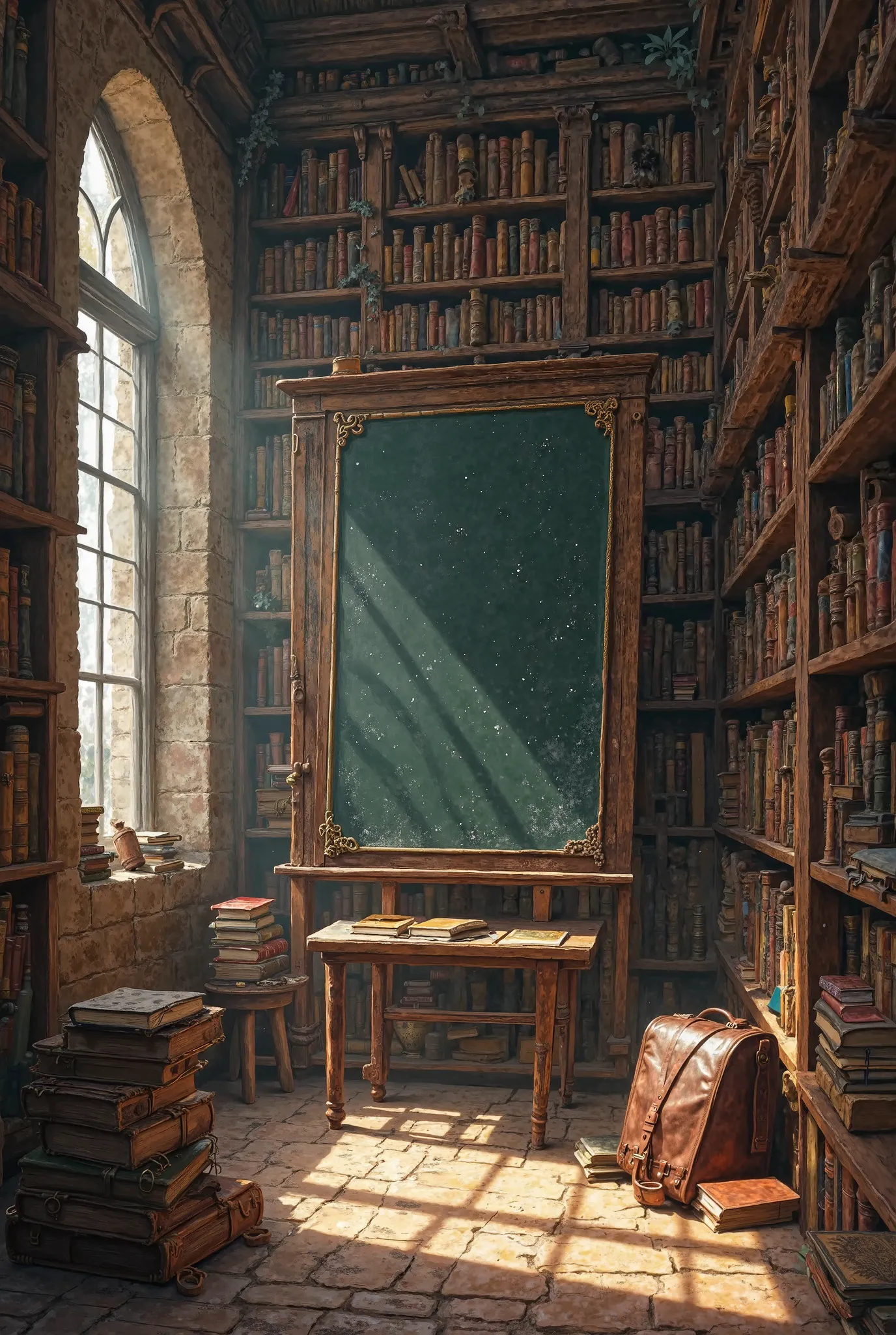 An old library with blackboards, bags and books 