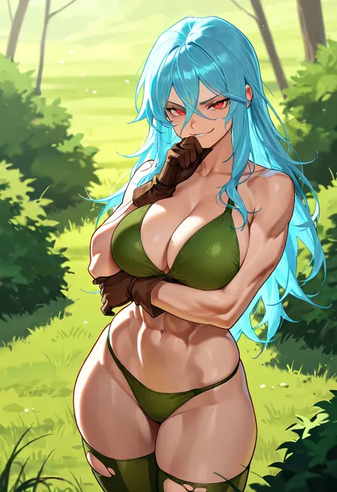 masterpiece, best quality, solo, 1girl, smirk, looking at viewer, standing, hand on own chin, hand on own elbow, long hair, blue hair, hair between eyes, red eyes, green bikini, brown gloves, green thighhighs, torn thighhighs, large breasts, outdoors,grass...