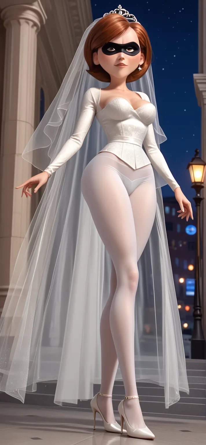 score_9, score_8_up, score_7_up, score_6_up, score_5_up, score_4_up, rating_questionable, 1girl, Hel_enParr, eye mask, nice breasts,  night city, dressed as a sensual bride, standing, nice legs, white pantyhose, strappy_heels, full body shot, full shot, Cu...