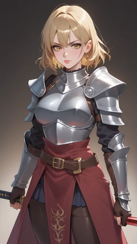 Scary looking blonde and golden eyes female warrior in a fantasy knight armor and holding a long sword 