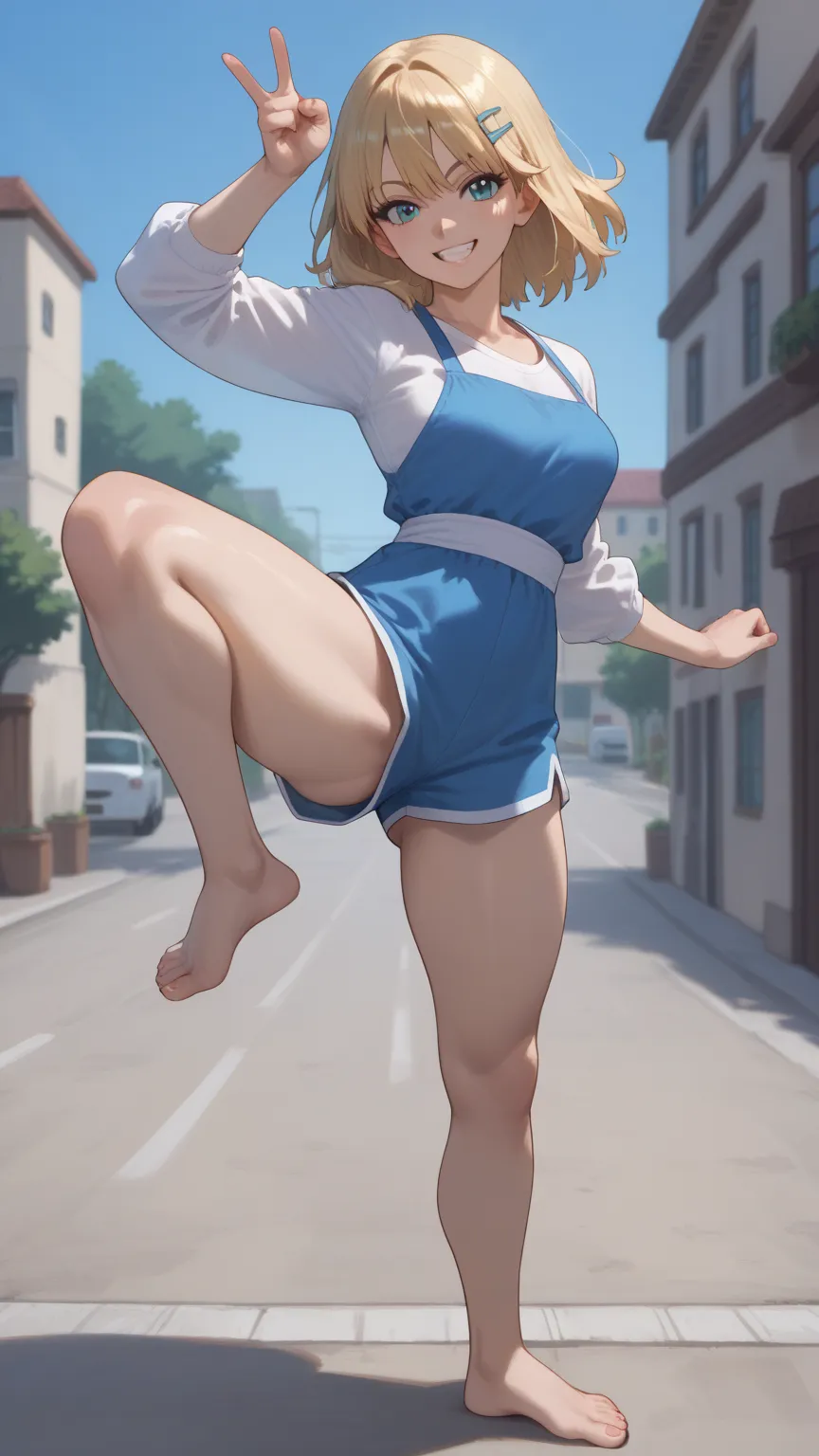 blonde_hair, barefoot, 1girl, standing_on_one_leg, split, standing, long_hair, smile, kicking