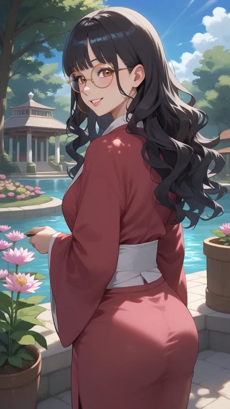 Round Glasses、 long black hair、 wavy hair standing in front of the garden、Short kimono、 Are Bare 、  are visible、、Surrounded by many lotus flowers、Golden Dragon、cloud、water surface、 looking back、 1 girl, sunlight、 Best Smile