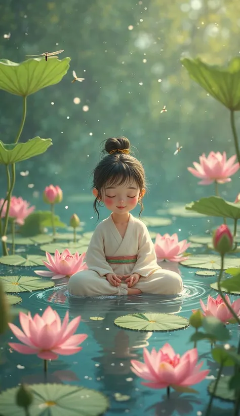  girl,  cute, Meditate, In the middle of the lotus pond