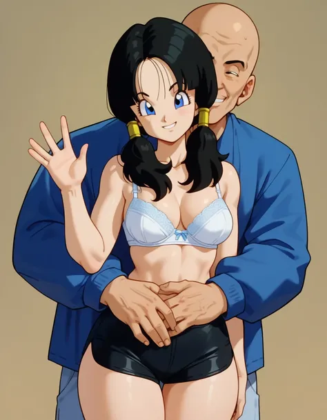 1girl, solo, videl, black hair, blue eyes, low twintails, hair tubes, medium breasts, wide hips, thick thighs, white bra, black biker shorts, smile, waving hand, standing, sexy legs, beautiful body, looking at viewer, simple background, from the front view...