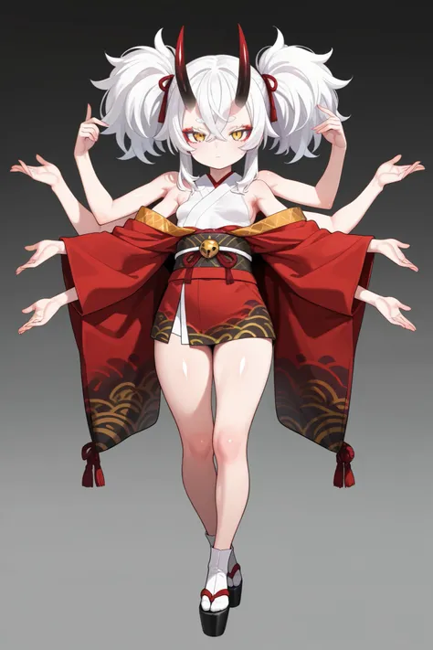 1 girl, Small breasts, long horns, horns, oni, mesugaki, white hair, crossed bangs, twintails, white eyelashes, white eyebrows, red eyeshadow, medium hair, shiny skin, gold eyes, japanese clothes, extra arms, six arms, full body