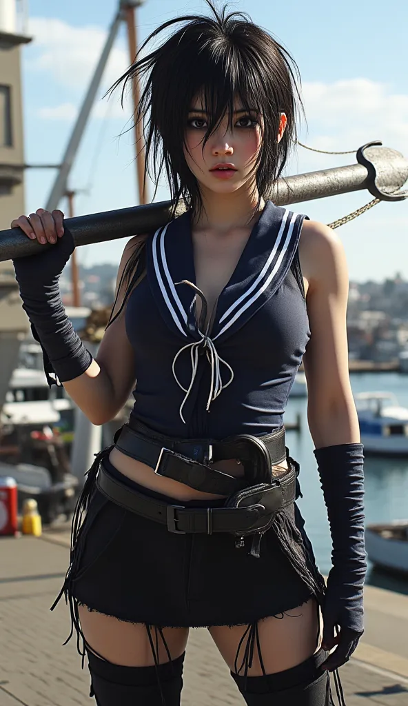  anchor girl 、woman、２３age、Beauty、 black hair spiked hair 、Sharp and long fishing line 、 wearing a sailor costume 、 a huge iron anchor hanging on her right shoulder、The background is the harbor、