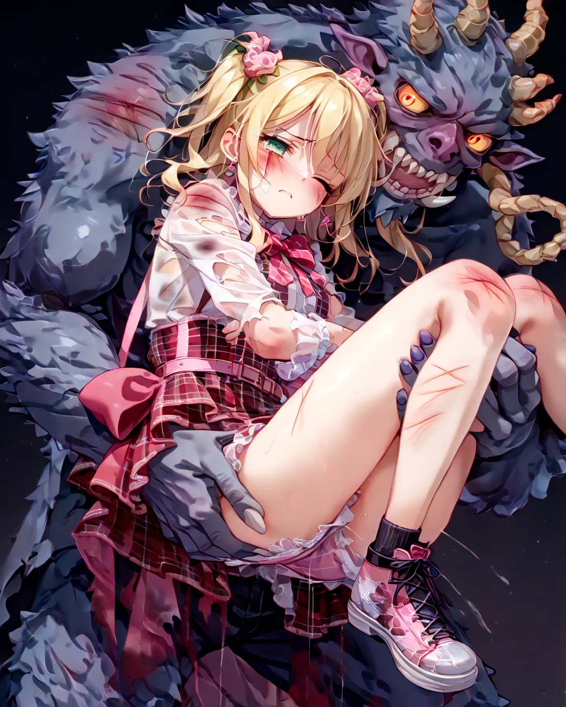  TOP QUALITY、((Ultra Fine Illustration)),(The girl&#39;s whole body is visible、 Anime Girl 、A monster scratches a girl、Monsters carry girls:1.9), high resolution, ( in a very detailed and delicate illustration style:1.8),   Anime Girl 、cute、detailed skin t...