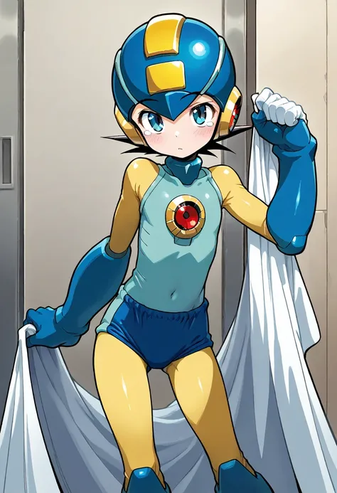   masterpiece,   Top Quality   ,   great quality 、 ( alone), Megaman  \( character\)、、  troubled face、 raise my eyebrows、 bring tears to my eyes、   tall  、  、  helmet、  body suit that covers my whole body、  flat chest,Thin arms、   Striptease、