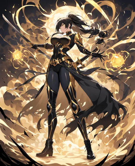 A powerful female hunter in the Solo Leveling style. She is a young woman with long black hair tied in a loose ponytail and bright golden eyes. She wears a long coat with gold details, a tight technological fabric blouse,  reinforced pants and combat boots...