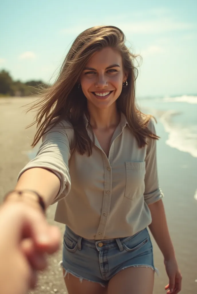  image seen behind an 18-year-old walking on the beach while holding the hand of a man who is taking a picture of her from behind, The man does not appear in the image  , The camera view is the same as the man 
