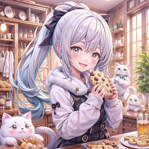 A cute little cat, ponytail, white hair, Eat cookie, smiles, in the room, A whole bunch of Cat doll