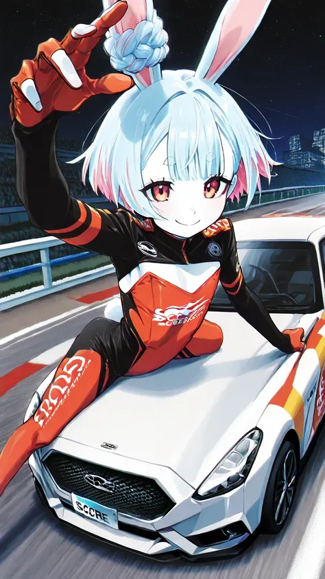   score_9,   score_8_Excellent,   score_7_Excellent,   score_6_Excellent,(  Japanese anime style), Alone、femmes、 white skin、(multicolored_hair,lightblue_hair,)、Very short eyebrows,   sales smile  、( flat chested)、Simple rabbit 、GT car 、 racing tracks、Sprin...