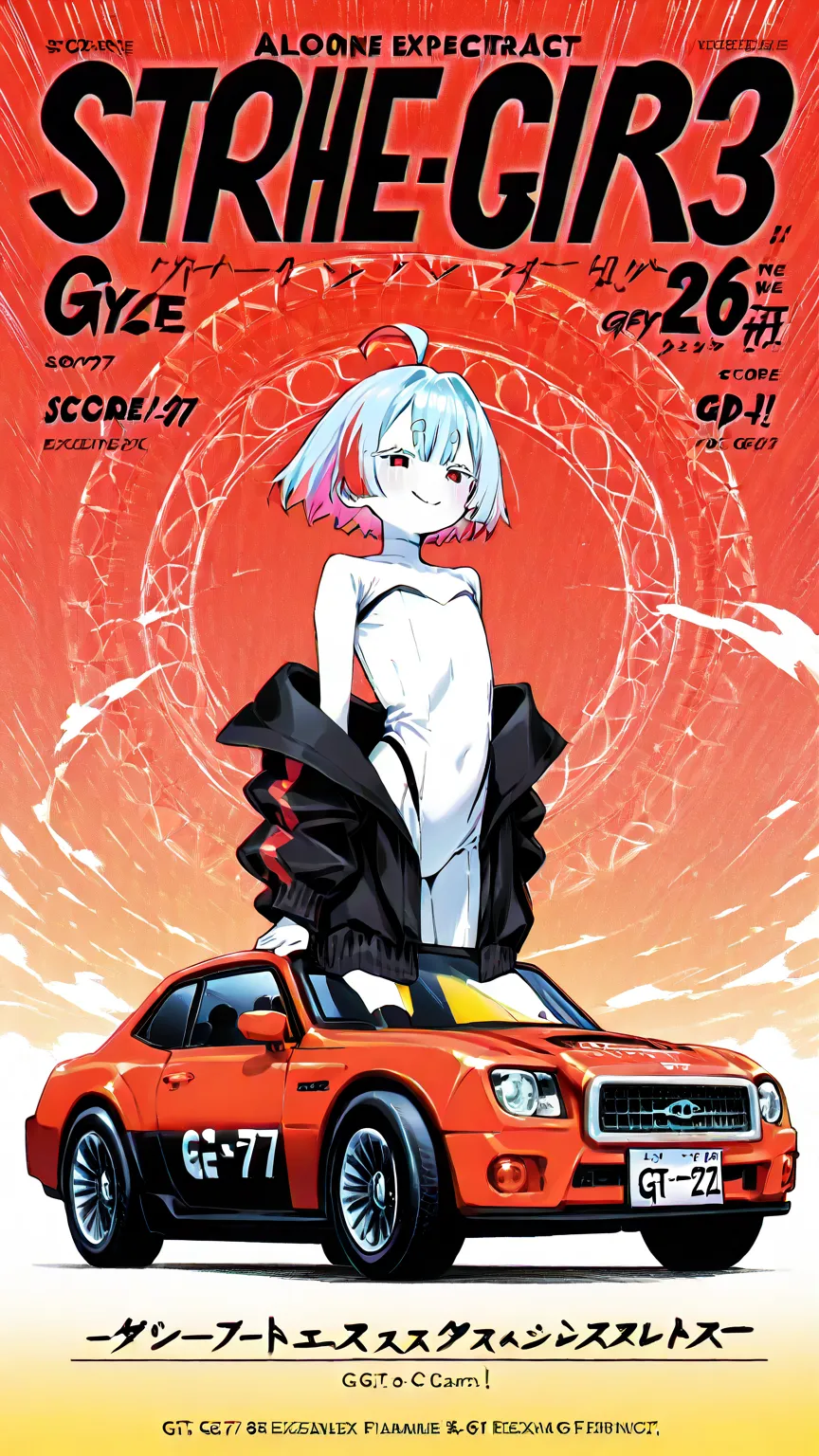   score_9,   score_8_Excellent,   score_7_Excellent,   score_6_Excellent,(  Japanese anime style), Alone、femmes、 white skin、(multicolored_hair,lightblue_hair,)、Very short eyebrows,   sales smile  、( flat chested)、Simple rabbit 、GT car 、 racing tracks、Sprin...