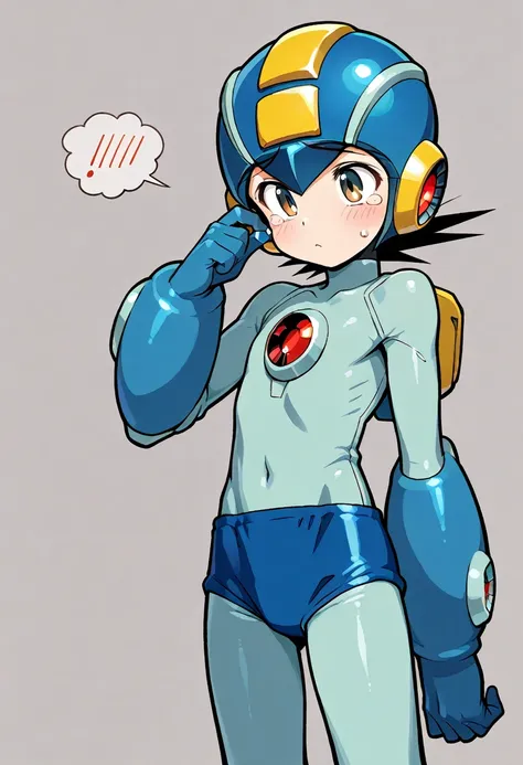   masterpiece,   Top Quality   ,   great quality 、 ( alone), Megaman  \( character\)、、  troubled face、 raise my eyebrows、 bring tears to my eyes、   tall  、  、  helmet、  body suit that covers my whole body、  flat chest,Thin arms、   Striptease、