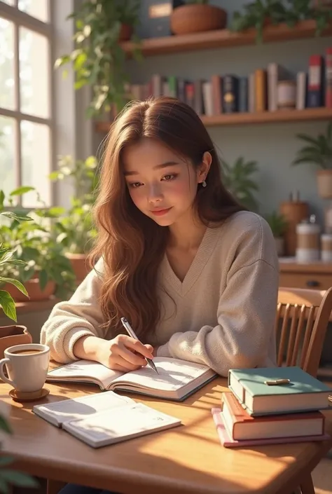 " the café is cozy with soft lighting。 wooden tables and potted plants lined up。YOUNG GIRL（Late teens）sitting at a table、 while looking at reference books。 with long wavy brown hair、 wearing an oversized sweater。 on the table is an open notebook、Cup of cof...